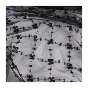 Oriental Beads Embroidery Fabric 100gsm Lace Mesh Embroidery Four-Leaf Clover Pearl Sequin Embroidery Tulle Fabric...