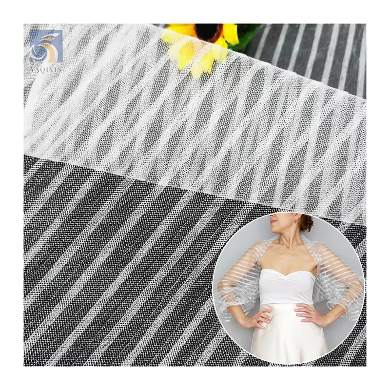 Premium White Wedding Tulle Polyester Spandex Stripe Tulle Mesh Pleated Plisse Stretch Fabric - 100% Polyester, 60 gsm, 150...