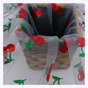 Pretty Cute Cherries Glitter Pattern Printed Tulle Mesh Fabric Polyester Tulle Netting for Girl Dress - 100% Polyester, 30...
