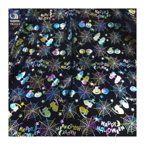 Pumpkin Witch Bat Goblin Pattern Design Shiny Foil Printing Fabric Tulle Mesh Soft Black Polyester Fabric Halloween Kids...