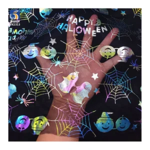 Pumpkin Witch Bat Goblin Pattern Design Shiny Foil Printing Fabric Tulle Mesh Soft Black Polyester Fabric Halloween Kids...