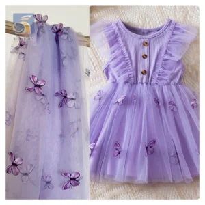 Purple 3D Butterfly Embroidery Lace Fabric for Dress Gradient Color Butterfly Tulle Mesh Fabric for Garment - 100%...