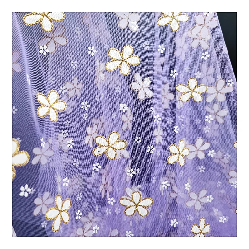 Purple Polyester Tulle Fabric with Glitter Floral Printed Tulle Fabric Baby Tutu Dress Fabric - 100% Polyester, 30 gsm, 160...