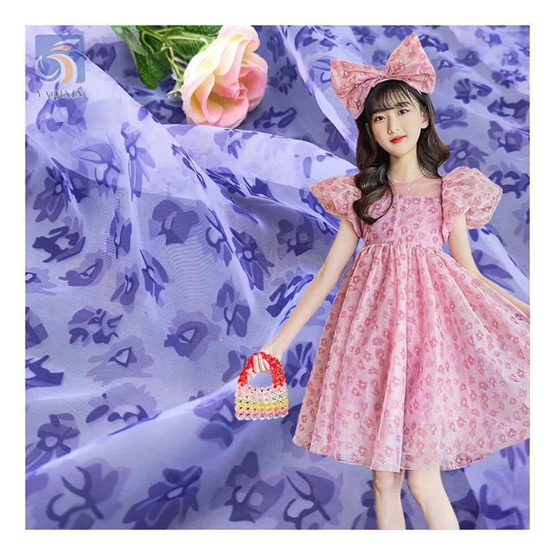 Purple and Pink Color Floral Digital Printed Organza Fabric Polyester Woven Floral Flower Fabric for Dress - 100% Polyester...