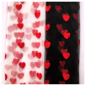 Romantic Red Heart Embroidery Black Tulle Fabric Polyester Tulle Dress Fabric - 100% Polyester, 60 gsm, 145 CM, Tulle...