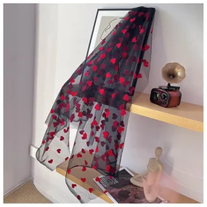 Romantic Red Heart Embroidery Black Tulle Fabric Polyester Tulle Dress Fabric - 100% Polyester, 60 gsm, 145 CM, Tulle...