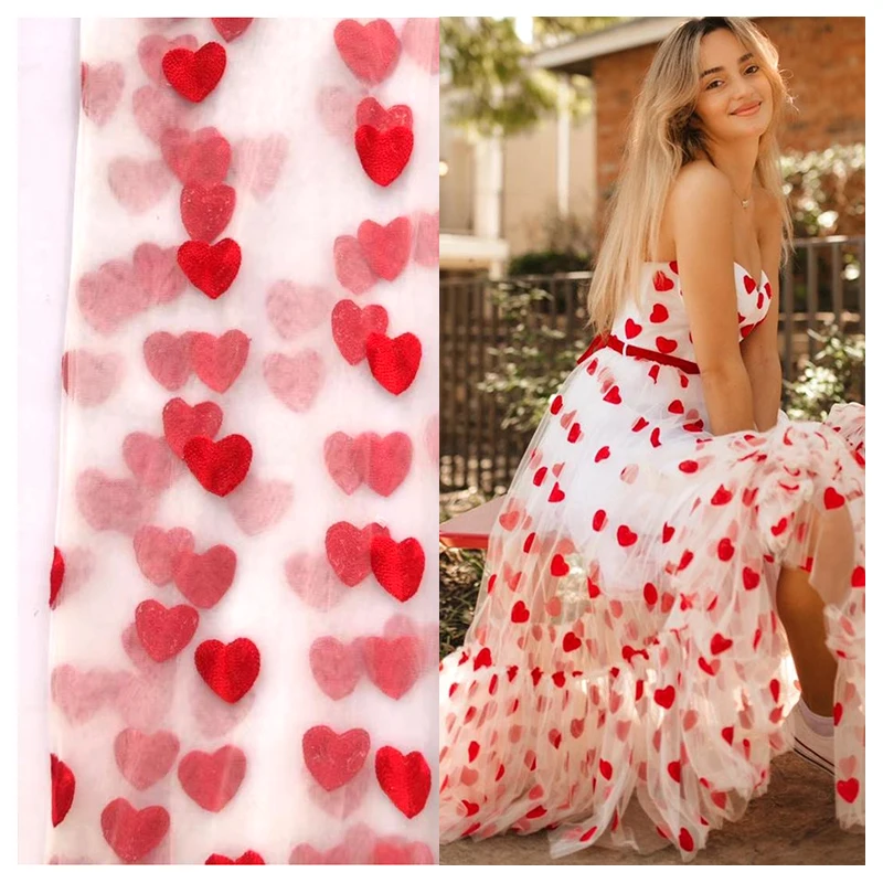 Romantic Red Heart Embroidery Black Tulle Fabric Polyester Tulle Dress Fabric - 100% Polyester, 60 gsm, 145 CM, Tulle...