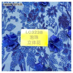 Royal Blue 3D Lace Fabric Flower Beaded Embroidered Luxury Bridal Shiny Glitter Lace Fabric Tulle - 100% Polyester, 180 g...