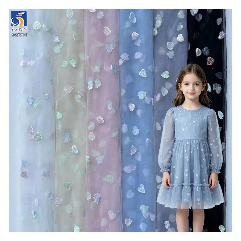 SCX004 Wholesale Embroidered Heart Shape Glitter Symphony Sequins Tulle Fabric Mesh for Kids Skirt - Polyester, Metallic, 60...
