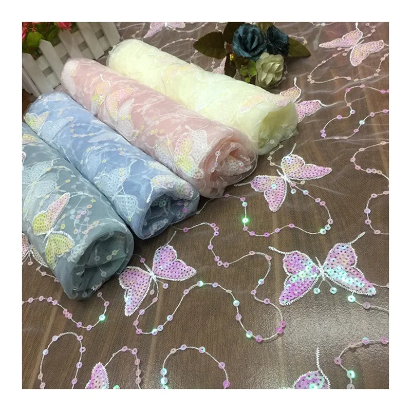 SCX005 Multicolor Gradient Sequins Embroidered Tulle Mesh Lace Fabric Women's Spring Dress Fabric - Polyester, Metallic, 60...