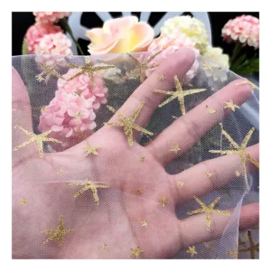 SG26 Customize Polyester Mesh Tulle Lace Fabric with Glitter Golden Star Tulle Baby Tutu Dress Lace Fabric - 100% Polyester...