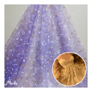 SG34 Purple Soft Tulle Textile Gold Glitter Star Printed Mesh Tulle Fabric for Summer Children's Dress - 100% Polyester, 40...