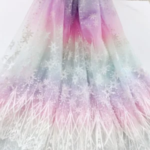Soft 35gsm 40D Polyester Material Cartoon Snowflake Print Mesh Tulle Fabric with Rainbow Gradient Print Design - 100%...