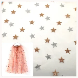 Sparkle Glitter Star Print Net Tulle Shiny Star Print Mesh Fabric for Party Decoration - 100% Polyester, 30 gsm, 57, 58"...