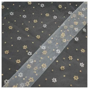 Sparkle Glitter Two-Color Small Cherry Blossoms Floral Polyester Tulle Mesh Fabric - 100% Polyester, 30 gsm, 150 CM, Mesh...