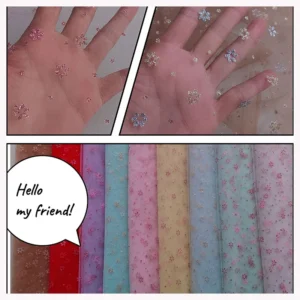 Sparkle Glitter Two-Color Small Cherry Blossoms Floral Polyester Tulle Mesh Fabric - 100% Polyester, 30 gsm, 150 CM, Mesh...