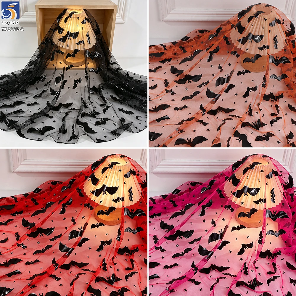 Stretch Spider Web Mesh Fabric for Witch Cloak - Purple Bat Design | in Stock - 100% Polyester, 60 gsm, 150 CM, Mesh...