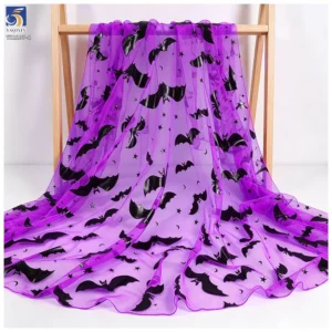 Stretch Spider Web Mesh Fabric for Witch Cloak - Purple Bat Design | in Stock - 100% Polyester, 60 gsm, 150 CM, Mesh...