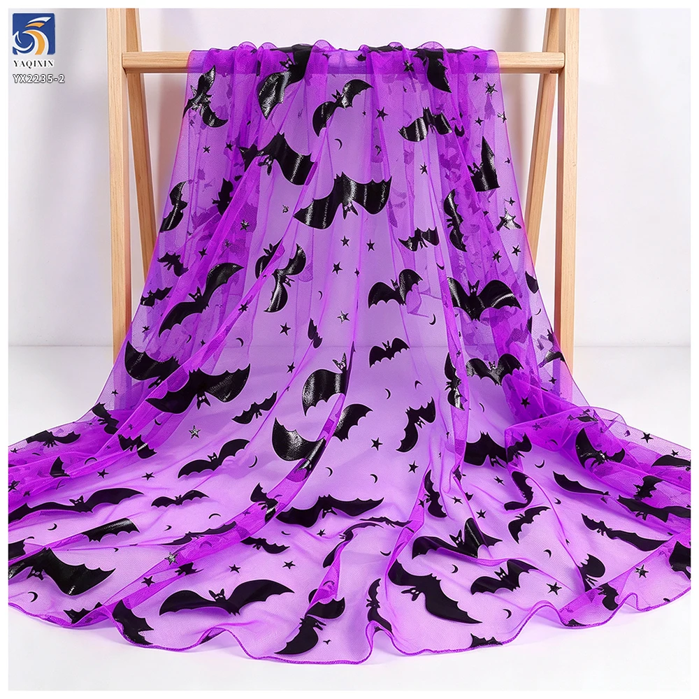Stretch Spider Web Mesh Fabric for Witch Cloak - Purple Bat Design | in Stock - 100% Polyester, 60 gsm, 150 CM, Mesh...