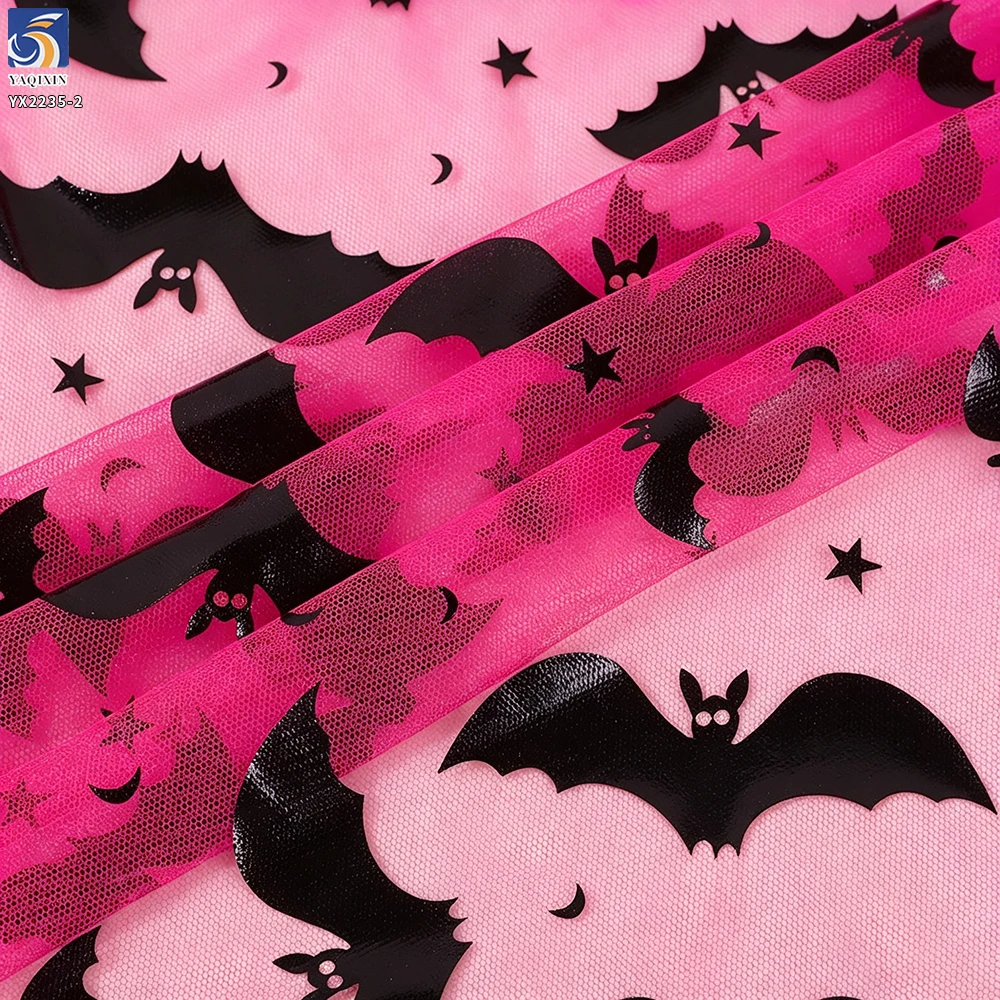Stretch Spider Web Mesh Fabric for Witch Cloak - Purple Bat Design | in Stock - 100% Polyester, 60 gsm, 150 CM, Mesh...