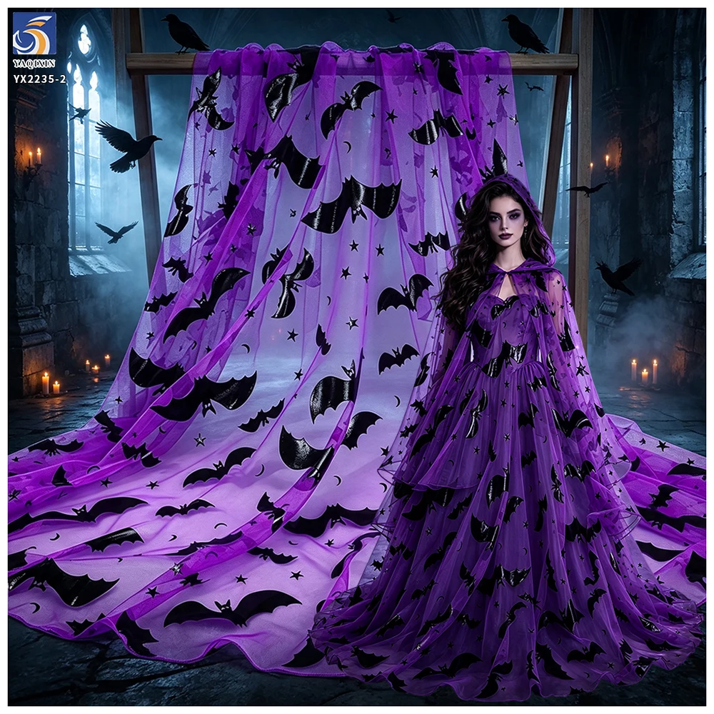 Stretch Spider Web Mesh Fabric for Witch Cloak - Purple Bat Design | in Stock - 100% Polyester, 60 gsm, 150 CM, Mesh...