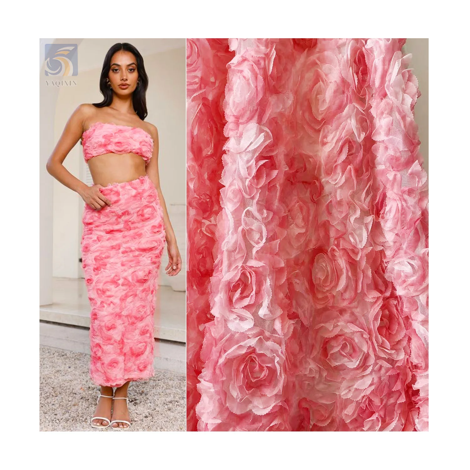 TDS002 New Arrival Gradient 3D Rose Flower Tulle Lace Fabric Chiffon Rose Embroidered Tulle Fabric for Dresses - 100%...