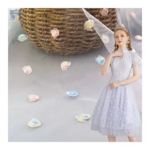 TDS005 Factory Wholesale 3D Small Rose Floral Embroidered Tulle Mesh Fabric Lace Kids Skirt Fabric - 100% Polyester, 80 gsm...