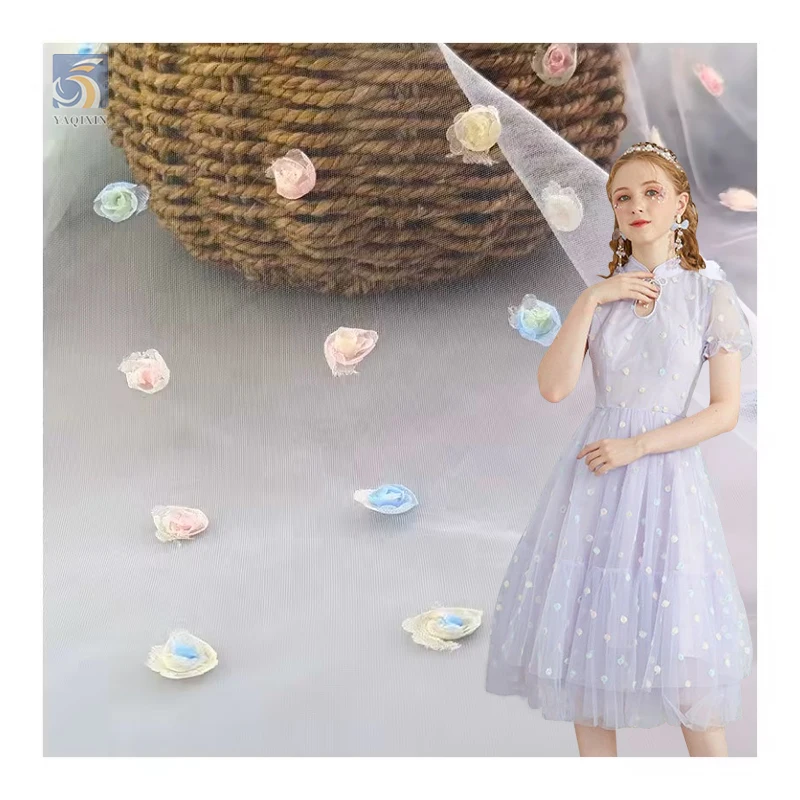 TDS005 Factory Wholesale 3D Small Rose Floral Embroidered Tulle Mesh Fabric Lace Kids Skirt Fabric - 100% Polyester, 80 gsm...