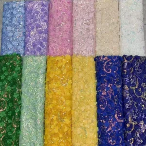 TDS008 Custom Multicolor 3D Floral Embroidered Tulle Lace Fabric for Dress Sequin Embroidered Tulle Mesh Fabric - 100%...