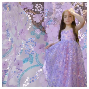 TDS008 Custom Multicolor 3D Floral Embroidered Tulle Lace Fabric for Dress Sequin Embroidered Tulle Mesh Fabric - 100%...