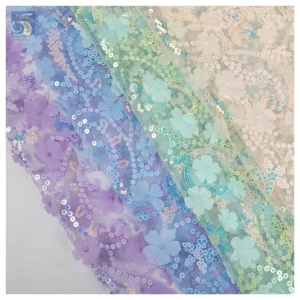 TDS008 Custom Multicolor 3D Floral Embroidered Tulle Lace Fabric for Dress Sequin Embroidered Tulle Mesh Fabric - 100%...
