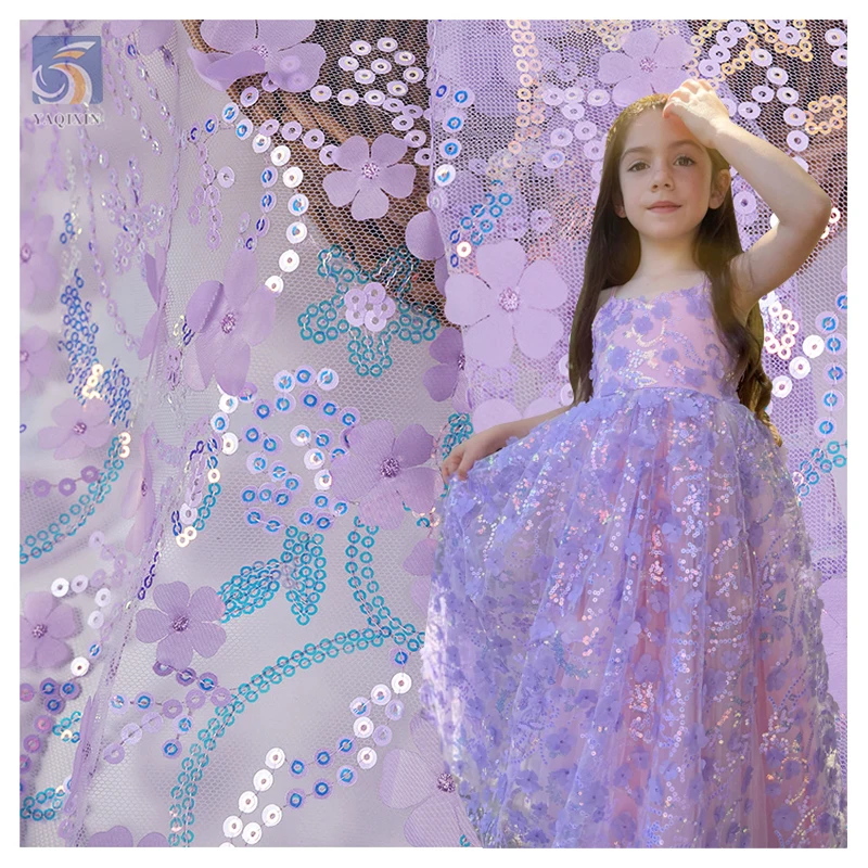 TDS008 Custom Multicolor 3D Floral Embroidered Tulle Lace Fabric for Dress Sequin Embroidered Tulle Mesh Fabric - 100%...