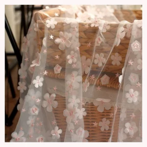 TDS11-1 Pink Stereo 3D Floral Design Tulle Lace Embroidered Fabric Lace Spring Dress Fashion Fabric - 100% Polyester, 80...