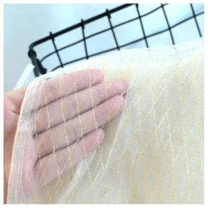 THM009 China Manufacturer Cheapest Wedding Fabric Bridal Knit Jacquard Polyester Golden Glitter Tulle Mesh Fabric - 100%...