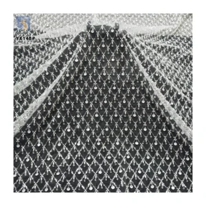 White Sequins Checkered Bead Embroidery Lace Fabric for Wedding High Quality Heavy Beaded Bridal Lace Fabric - Polyester...