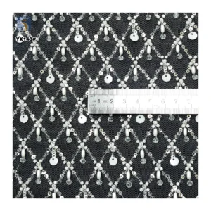 White Sequins Checkered Bead Embroidery Lace Fabric for Wedding High Quality Heavy Beaded Bridal Lace Fabric - Polyester...