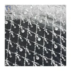 White Sequins Checkered Bead Embroidery Lace Fabric for Wedding High Quality Heavy Beaded Bridal Lace Fabric - Polyester...