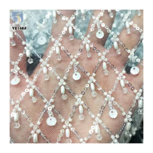 White Sequins Checkered Bead Embroidery Lace Fabric for Wedding High Quality Heavy Beaded Bridal Lace Fabric - Polyester...