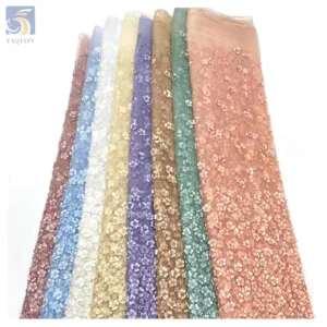 Wholesale Custom 3D Plum Blossom Floral Embroidery Sequin Lace Fabric French Beaded Embroidery Bridal Dress Fabric - 100%...