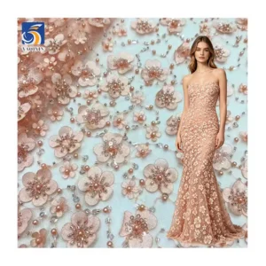 Wholesale Custom 3D Plum Blossom Floral Embroidery Sequin Lace Fabric French Beaded Embroidery Bridal Dress Fabric - 100%...
