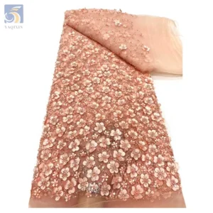 Wholesale Custom 3D Plum Blossom Floral Embroidery Sequin Lace Fabric French Beaded Embroidery Bridal Dress Fabric - 100%...
