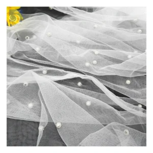 Wholesale White 3D Beaded Pearl Tulle Fabric for Wedding Dress/Veil - 100% Polyester, 150 CM, Mesh, Knitted - Yaqixin...
