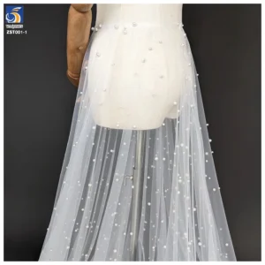 Wholesale White 3D Beaded Pearl Tulle Fabric for Wedding Dress/Veil - 100% Polyester, 150 CM, Mesh, Knitted - Yaqixin...