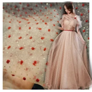 YS-13 Red Wine Swiss Dot Jacquard Bubble Seersucker Organza Fabric With Golden Sparkle Design Prom Dress Fabric - 100%...
