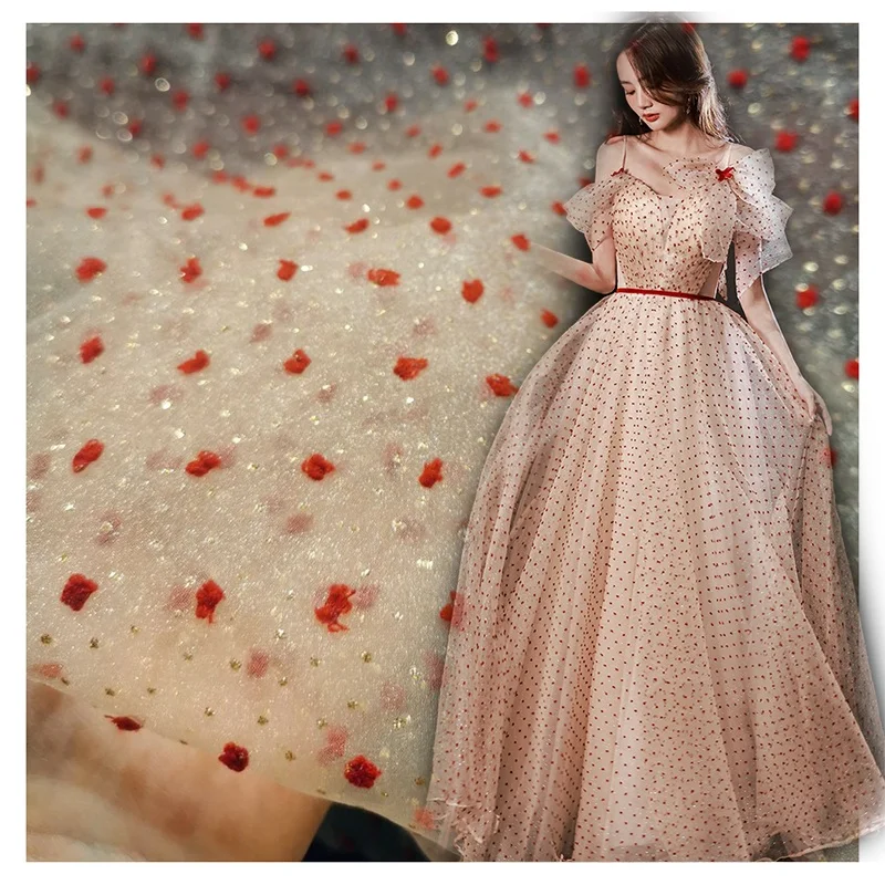 YS-13 Red Wine Swiss Dot Jacquard Bubble Seersucker Organza Fabric With Golden Sparkle Design Prom Dress Fabric - 100%...
