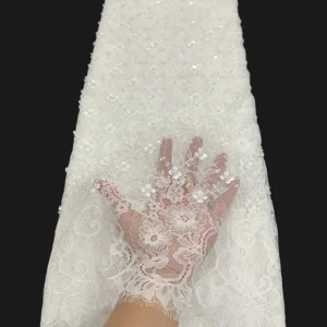 YX1029 Factory High-Quality Eyelash White Lace Fabrics With Heavy Beads and Sequins Embroidery Lace Fabric for Bridal Gown...