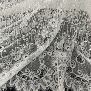 YX1030 300CM*150CM Eyelash White Wedding Bridal Lace Fabrics Heavyweight Beaded Sequin Embroidery Lace Fabrics White...