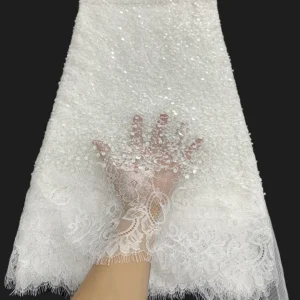 YX1031 7 Days Sample Custom Fabric Eyelash White Lace Fabrics 3D Beaded Sequins Wedding Eyelash Lace Fabrics Textiles...