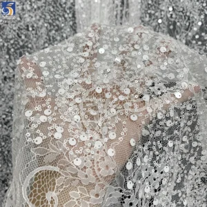 YX1031 7 Days Sample Custom Fabric Eyelash White Lace Fabrics 3D Beaded Sequins Wedding Eyelash Lace Fabrics Textiles...