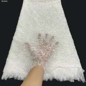 YX1032 China Wholesale Home Textiles Lace Fabric Eyelash White Lace 3D Beaded Sequins Bridal Dress Fabrics for Women...